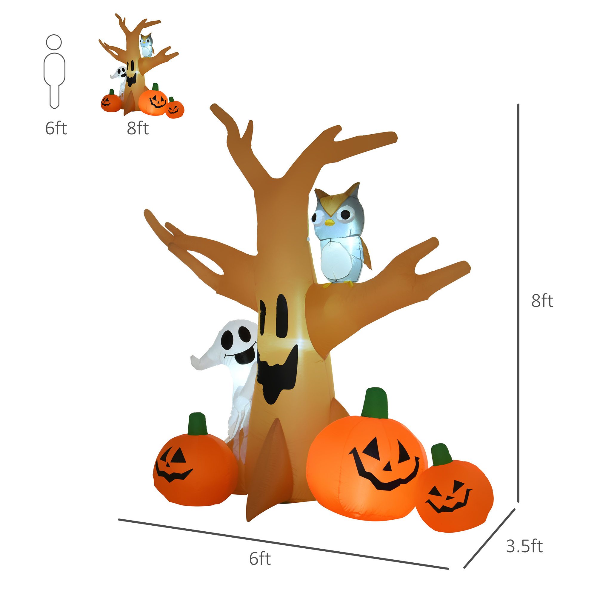 Decoración Inflable Iluminada de Halloween de 7.5' de Alto, para Exterior, Árbol Embrujado con Búho, Fantasma y Calabazas, Decoración de Jardín Inflable con LED para Patio, Fiestas y Festividades, Resistente al Agua — imagen 4