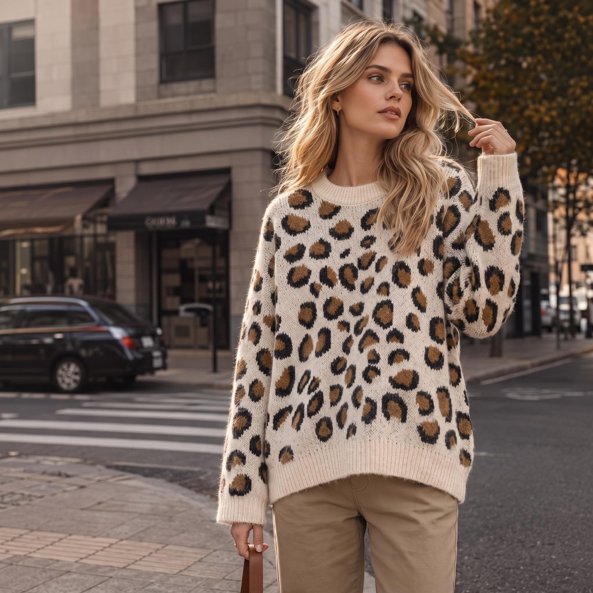 Leopard print round neck long sleeved sweater — image 7