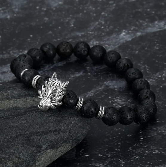 Pulsera de Cabeza de Lobo Gris y Piedra de Lava, Estilo Asgard — imagen 1