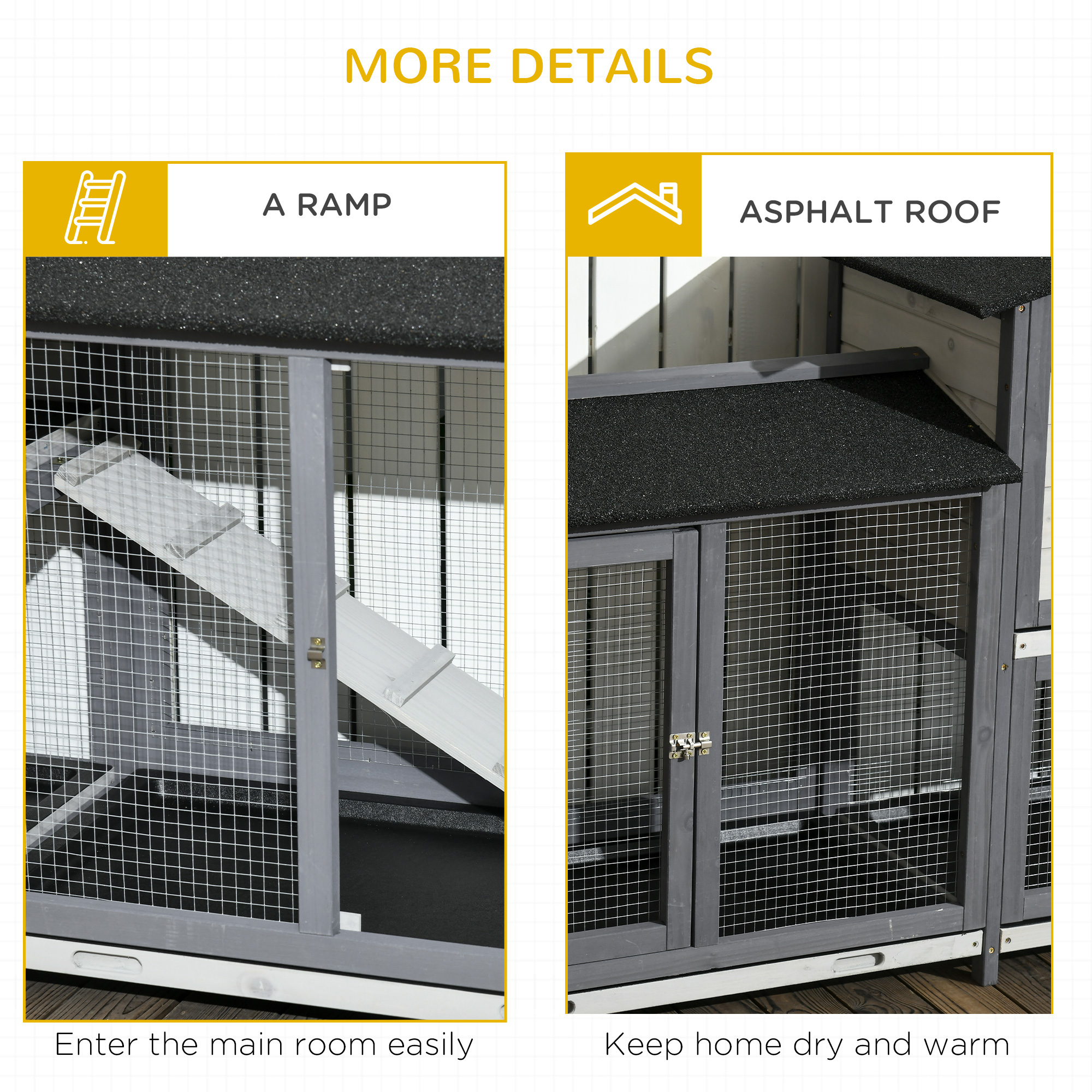 90.5" Wooden Rabbit Hutch Bunny Cage Pet Playpen House Enclosure with Double Side Run Boxes, No Leak Tray, Ramp, for Rabbits, Chickens, Ducks, Guinea Pig and Small Animals, Light Gray — image 4