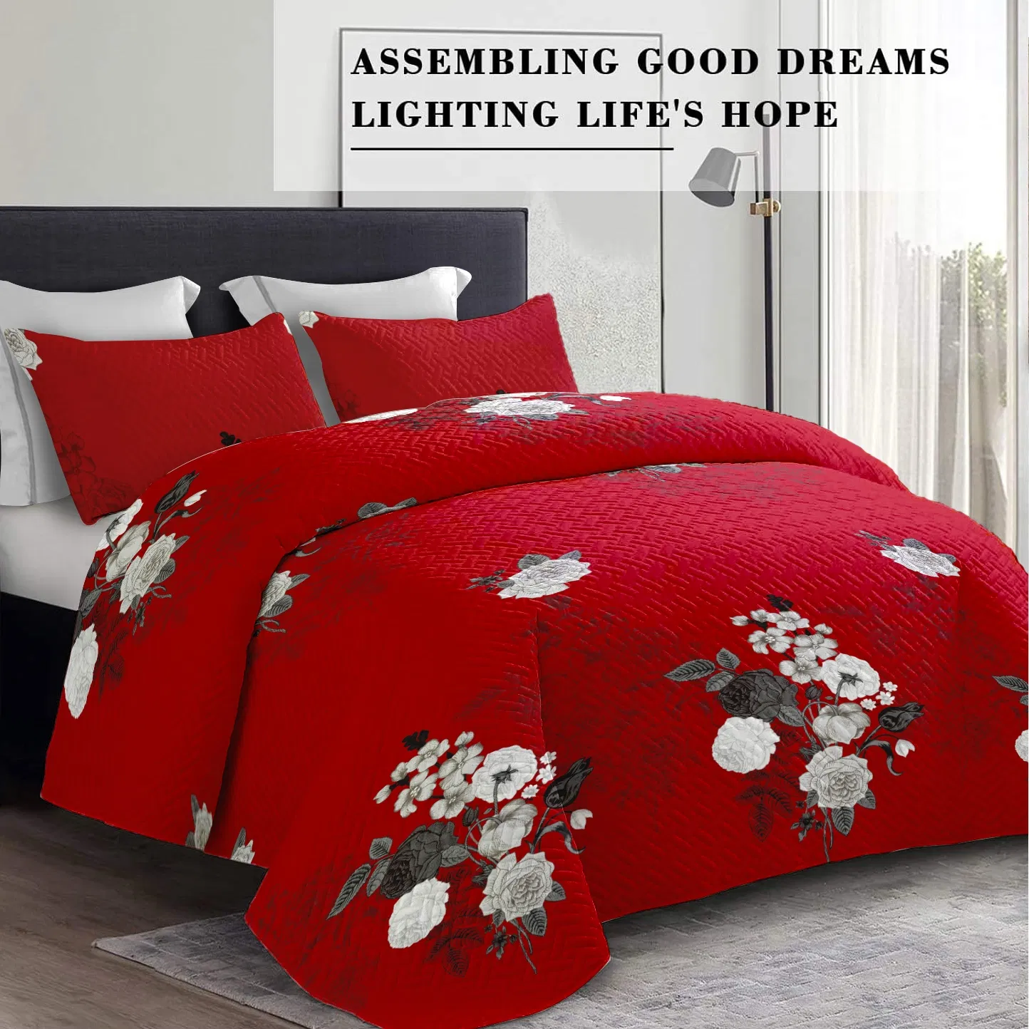 9-Piece Burgundy Red Floral Bedding & Curtain Combo Set, Vibrant Crimson Quilted Bedspread with 6 Light Filtering Window Panels & 2 Shams, Easy Care Microfiber Coverlet, Pet Friendly — image 10