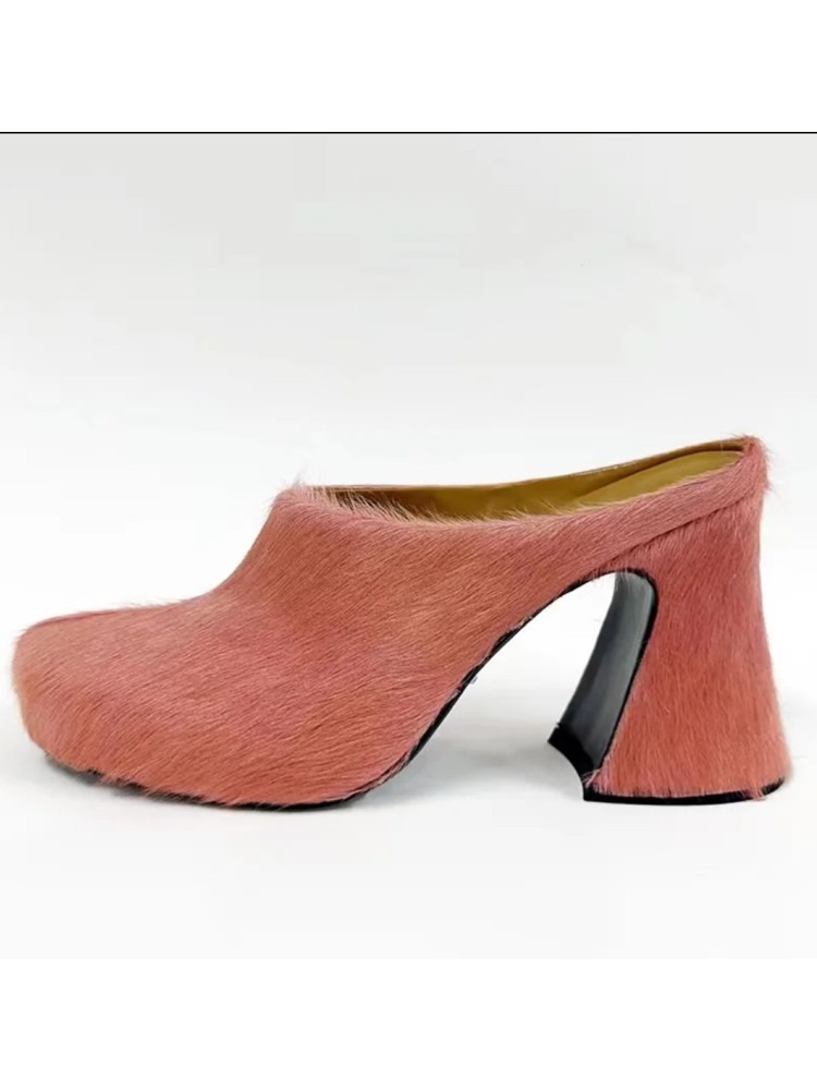 Round headed candy colored genuine leather horse hair with raised height inside casual lazy half slippers for women — image 2