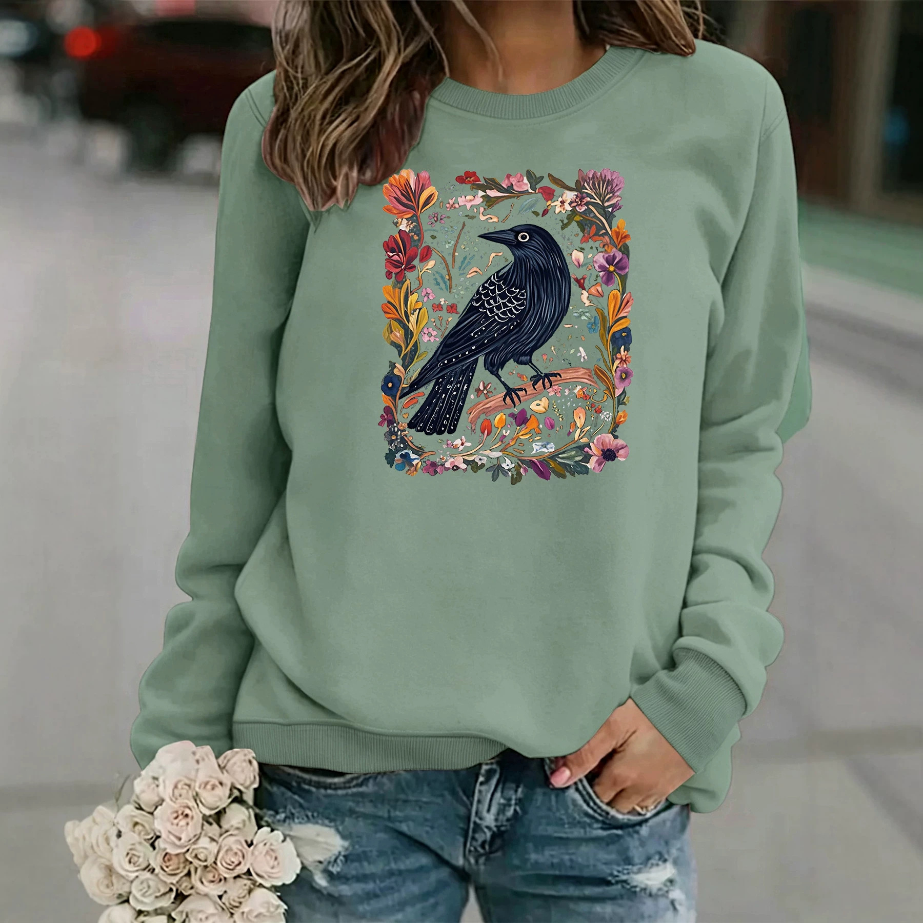 Crow print round neck fleece hoodie — image 6