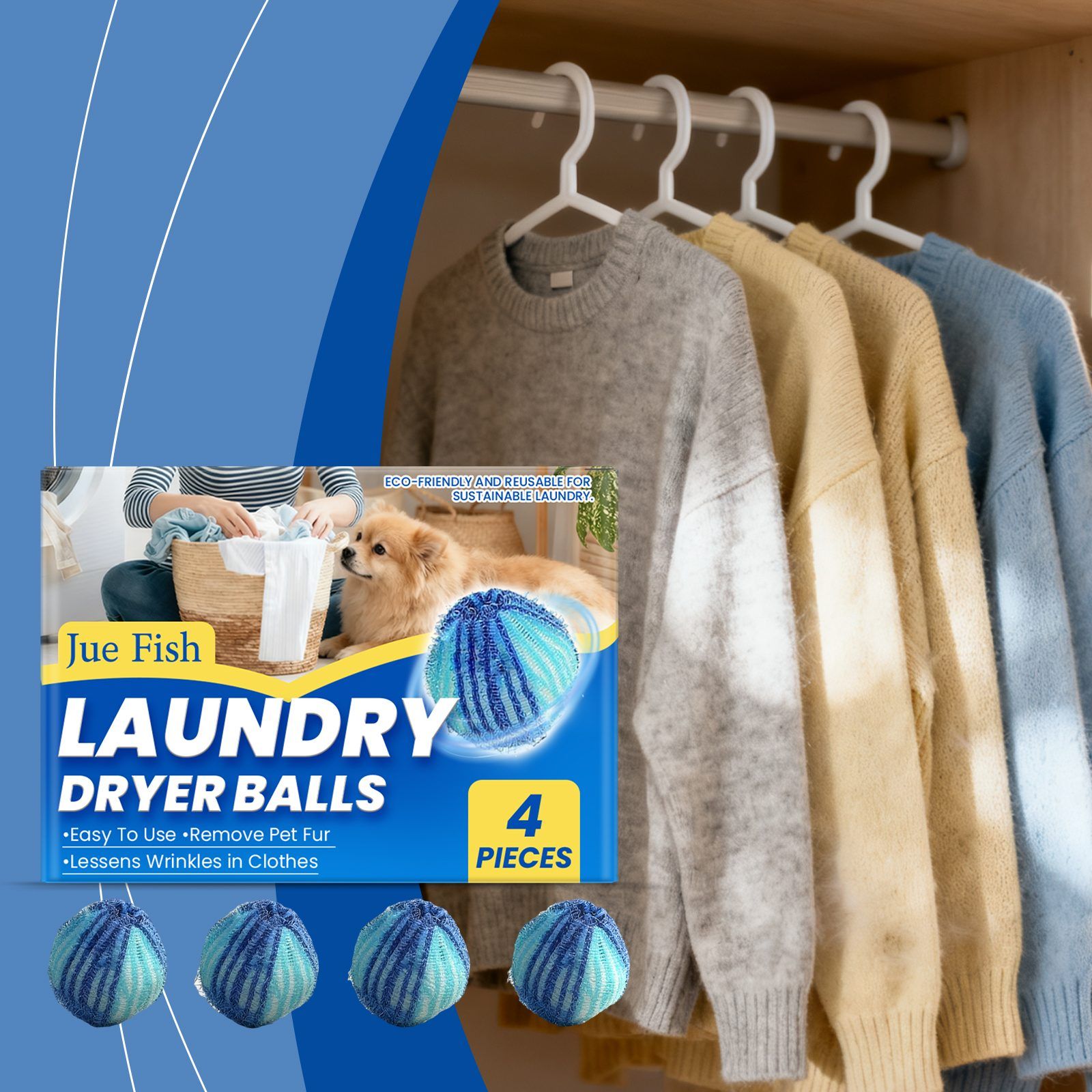 JUE FISH Reusable Pet Hair Laundry Dryer Balls, 4 Pack — image 8