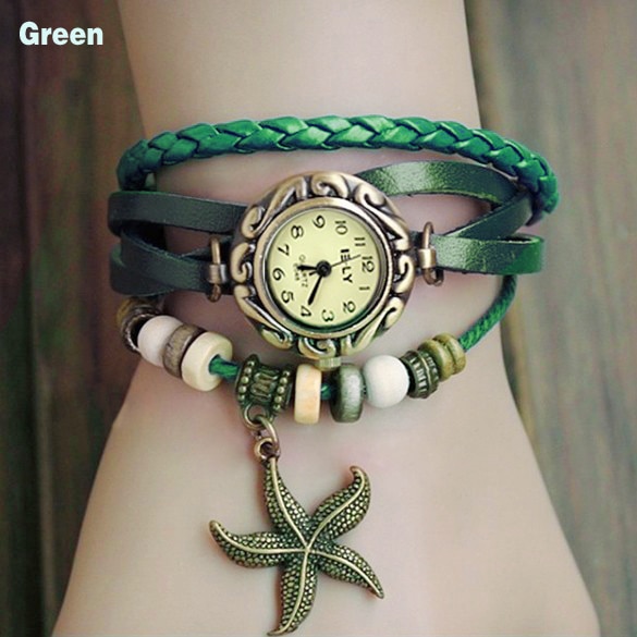 Lady Starfish Bracelet Watch Clock Retro Weave Wrap Watches Genuine Leather Starfish Wristwatch Slim Bnad small Dial LL — image 3