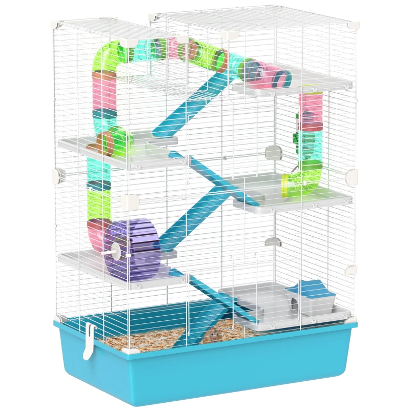 PawHut 6 Tier Hamster Cage With Tubes And Tunnels, Hut, Wheel, Food Dish, Water Bottle, Ramps, For Dwarf & Gerbil, Light Blue — image 1