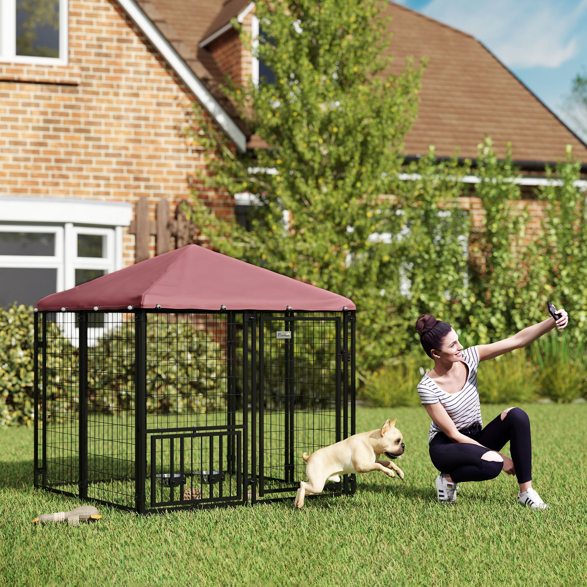 Welded Wire Outdoor Dog Kennel With 360° Rotating & 4 Levels Adjustable Bowls, Waterproof Cover, 4.6' X 4.6' X 5' — image 1