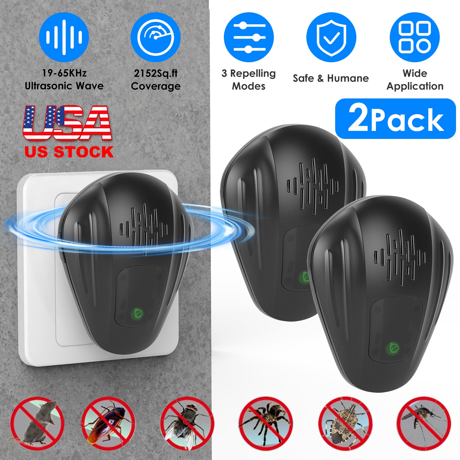 2 Pack Pest Control Device For Mosquitoes Cockroaches Rats Plug In Ultrasonic Insect Repellent Indoor For Bedroom Garage Warehouse Office — imagen 9