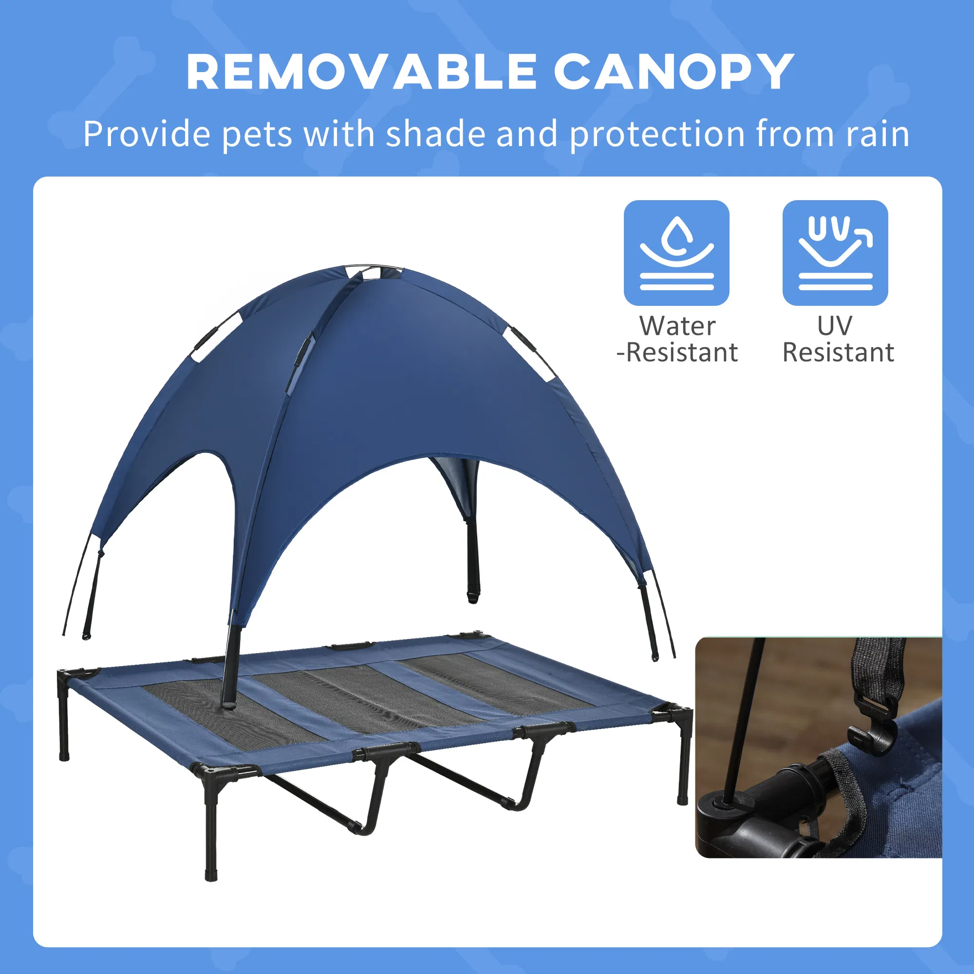 Elevated Cooling Pet Bed Portable Raised Dog Cot with Canopy for XL Sized Dogs, Dark Blue — image 2