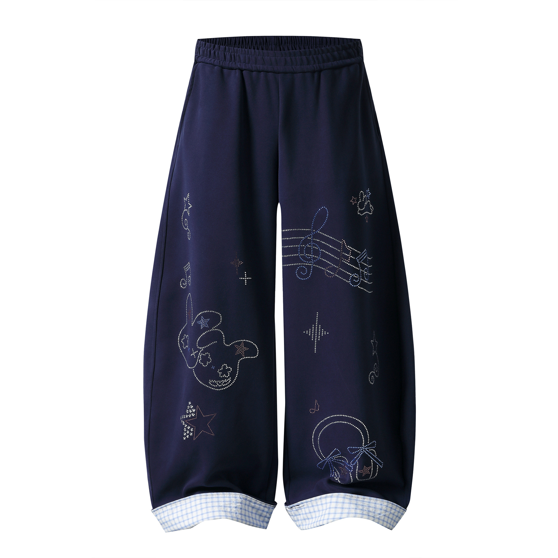 Rhinestone Rabbit Wide-Leg Sweatpants for Women, Plaid Turn-Up Ribbon Slimming Long Pants — image 1