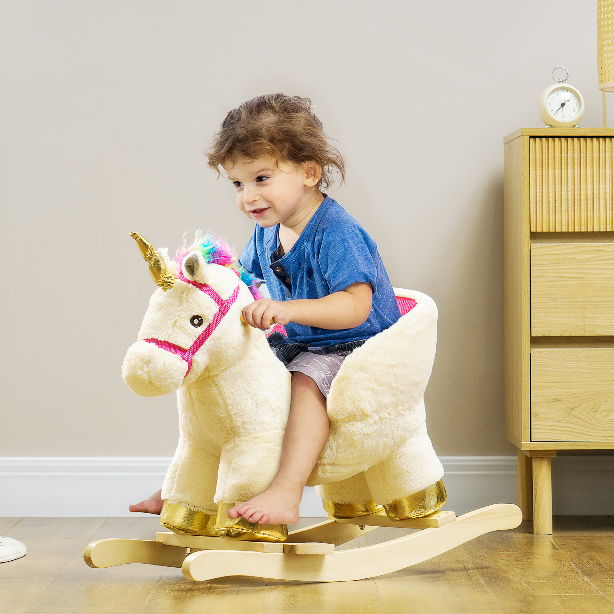 Kids Rocking Horse, Unicorn with Realistic Sound, Safety Belt & Wooden Base for 18-36 Months — image 1