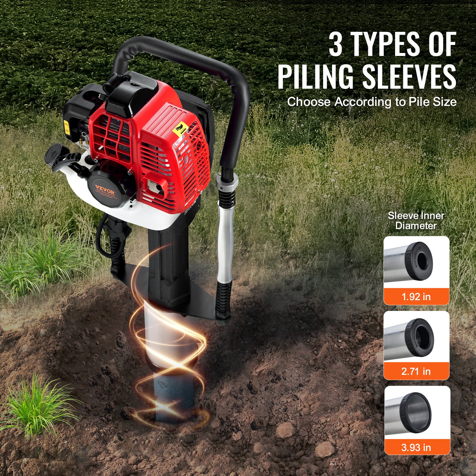 52cc Gas-Powered T Post Driver, 2-Stroke Engine Gasoline Fence Piling Pounder, 1300W Portable Piledriver With 3 Post Driving Head(49/69/100 Mm), For Farm, Ranch Fencing, Road Improvements — imagen 2