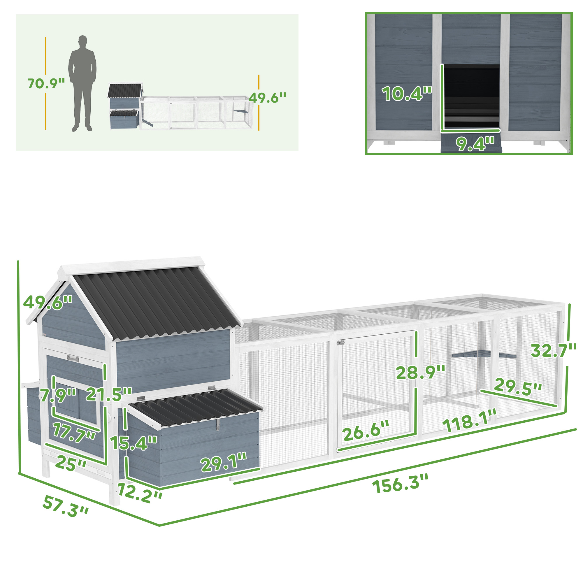 156" Coop de Pollos Madera Grande con 2 Box de Puesta, Cárcel de Ejercicio, Techo Ondulado Impermeable, para 10-15 Pollos, Gris Claro — imagen 3