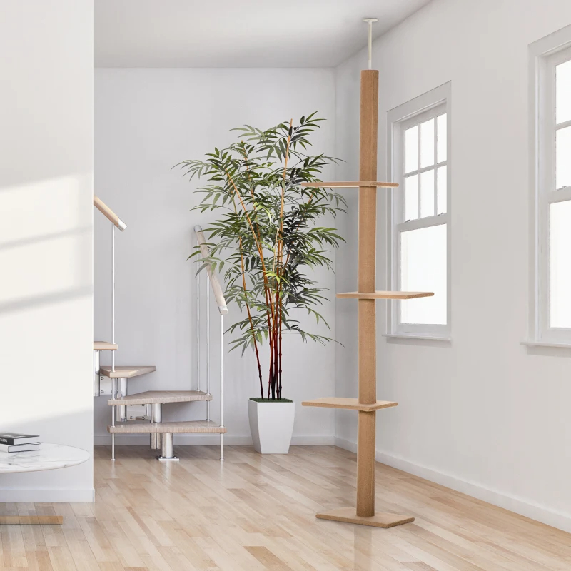 Árbol de Gato PawHut de Piso a Techo con Postes de Rastrillado de Sisal, Centro de Actividad Natural para Gatos, Color Marrón — imagen 1