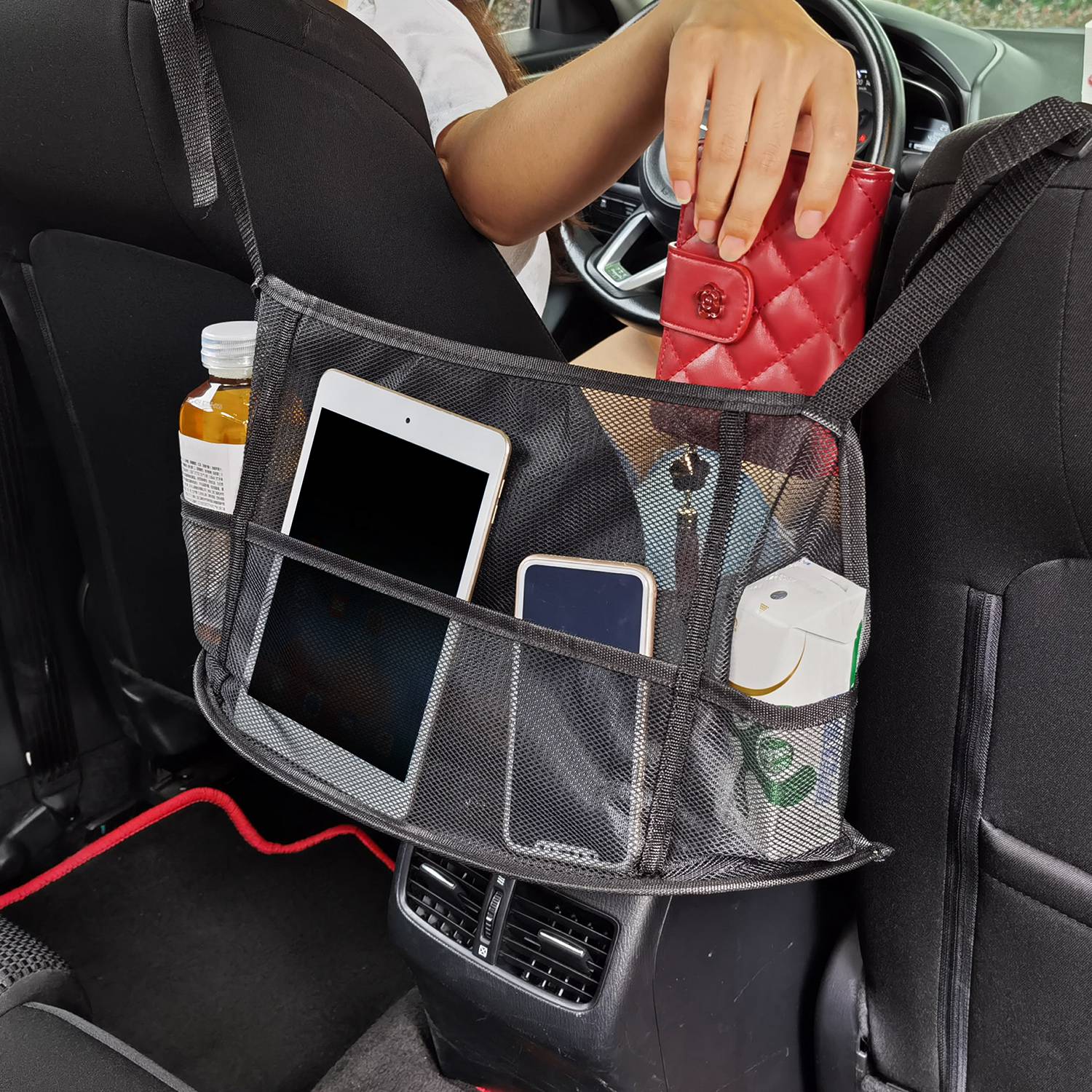 Car Net Pocket Handbag Holder Car Storage Netting Pouch Seat Side Storage Mesh Organizers Bag For Purse Phone Documents Barrier Pets Kids At Backseat — image 4