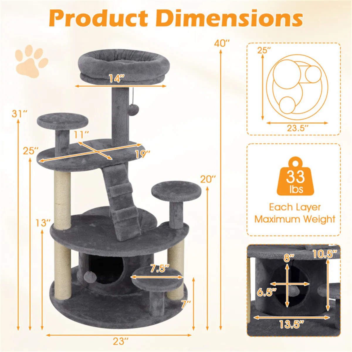 40" Multi-Level Cat Tree for Munchkin & Old Cats - Stable Wide Base, Soft Padded Perch + Large Condo (Gray) — image 5