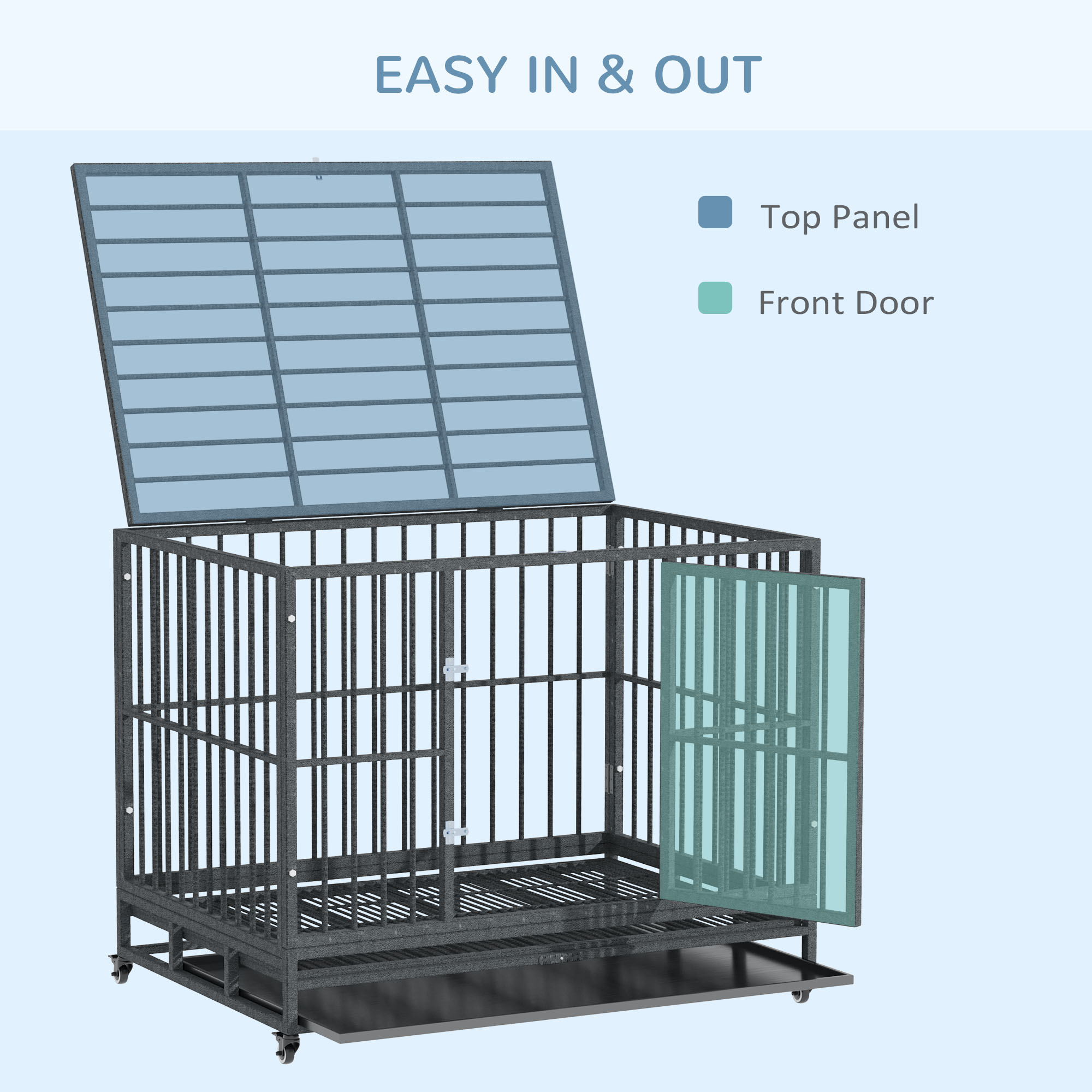 43" Heavy Duty Dog Crate Metal Cage Kennel with Lockable Wheels, Double Door and Removable Tray, Gray — imagen 4