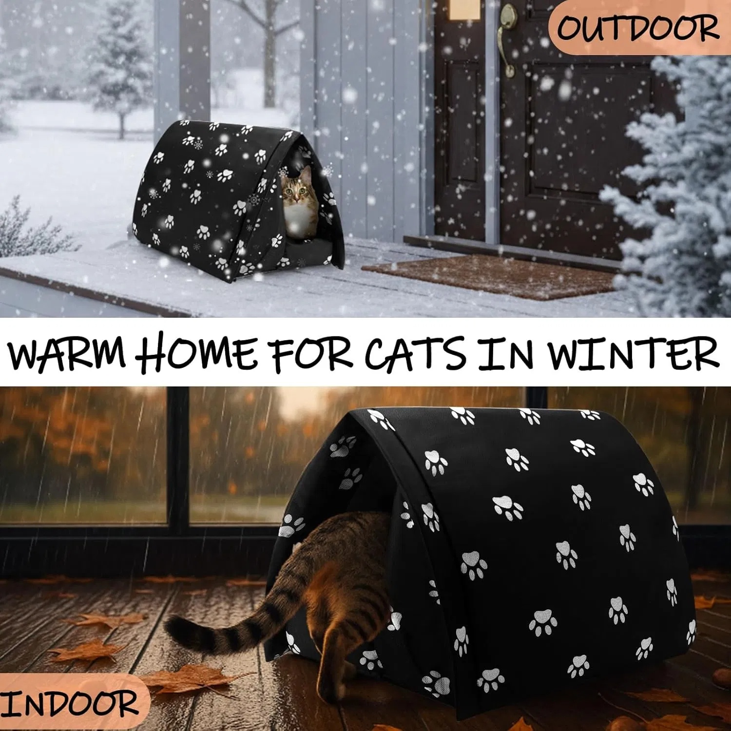 Casa de invierno para gatos al aire libre con manta auto-calorizante 17'' x 12'' Impermeable plegable refugio para gatos ferales perros cachorros animales salvajes hogar interior — imagen 2