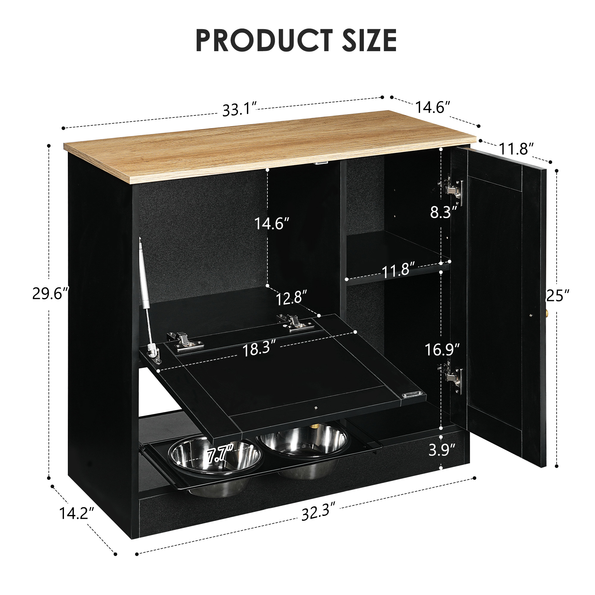 Feeding station with 2 lockers, pet feeding station with 2 elevated dog bowls, side hooks, anti-tipping kit, hidden pet feeding station for feeding and watering, rattan door, black — image 10