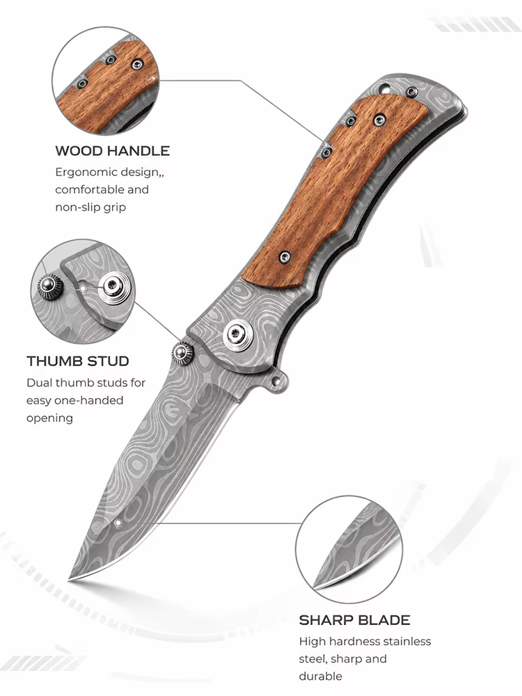 Damascus Folding Outdoor Portable Camping Knife with Sharp Blade Suitable for Hunting, Hiking, Fishing — image 3