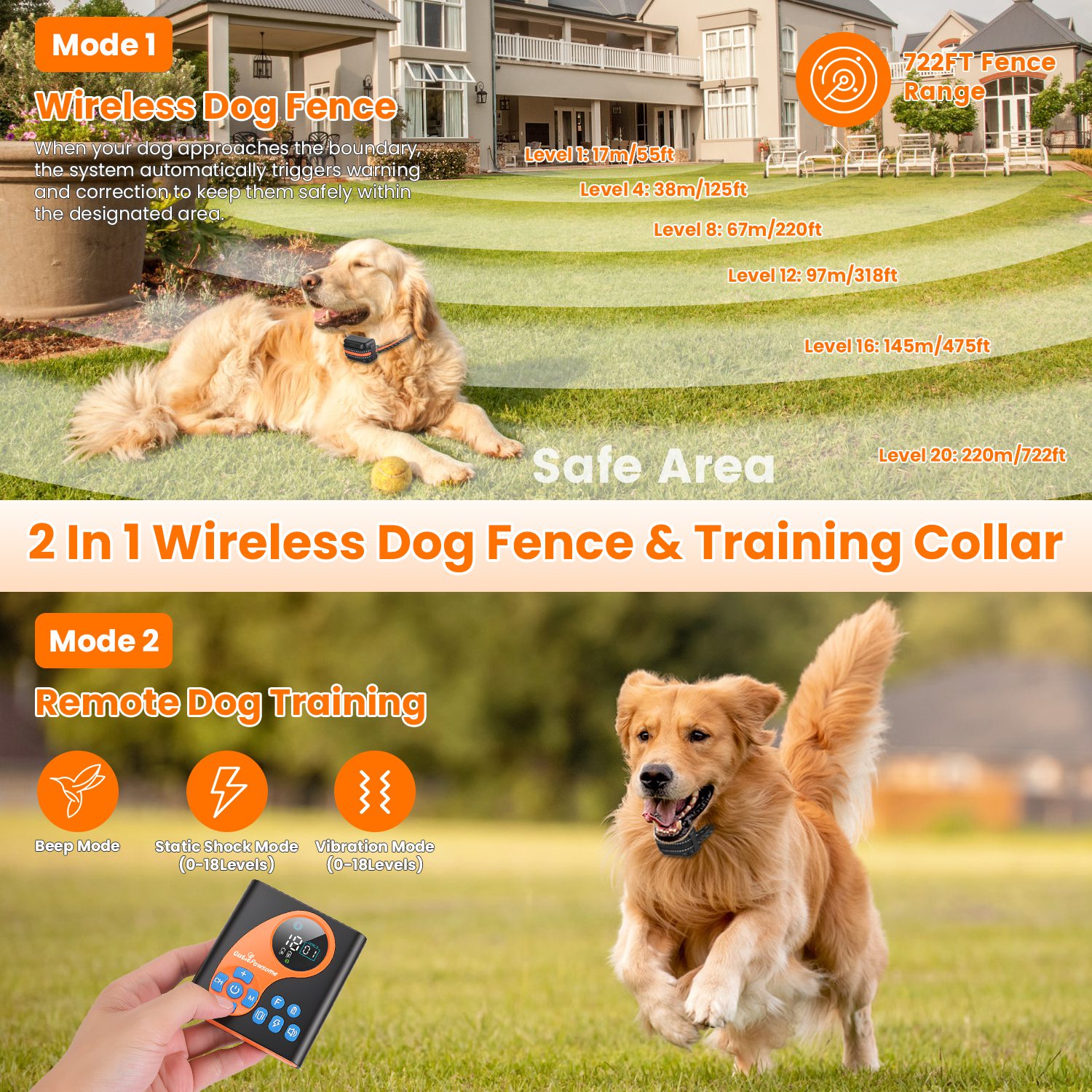 Sistema de Cerca Inalámbrica para Perros 2 en 1 con Collar de Entrenamiento, Cerca Invisible para Perros IP68 a Prueba de Agua con Alcance Ajustable de 722 Pies, Pitido, Vibración y Descarga Estática — imagen 4