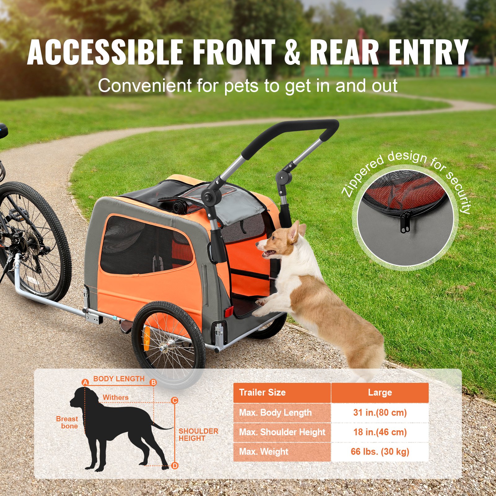 Dog Bike Trailer, Supports Up To 66 Lbs, 2-in-1 Pet Stroller Cart Bicycle Carrier, Easy Folding Cart Frame With Quick Release Wheels, Universal Bicycle Coupler, Reflectors, Flag, Orange/Gray — image 3