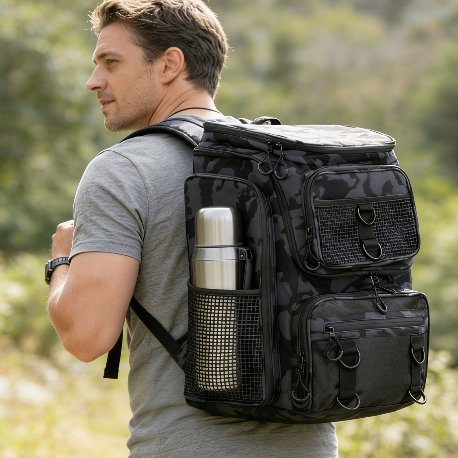 Mochila de Pesca de 42L (11Gal), Bolsa de Almacenamiento de Gran Capacidad para Equipo de Pesca, con Portacañas, 16 Bolsillos, Resistente al Agua, con Divisor, Correas Acolchadas Ajustables Para Pesca, Camping al Aire Libre y Senderismo — imagen 3