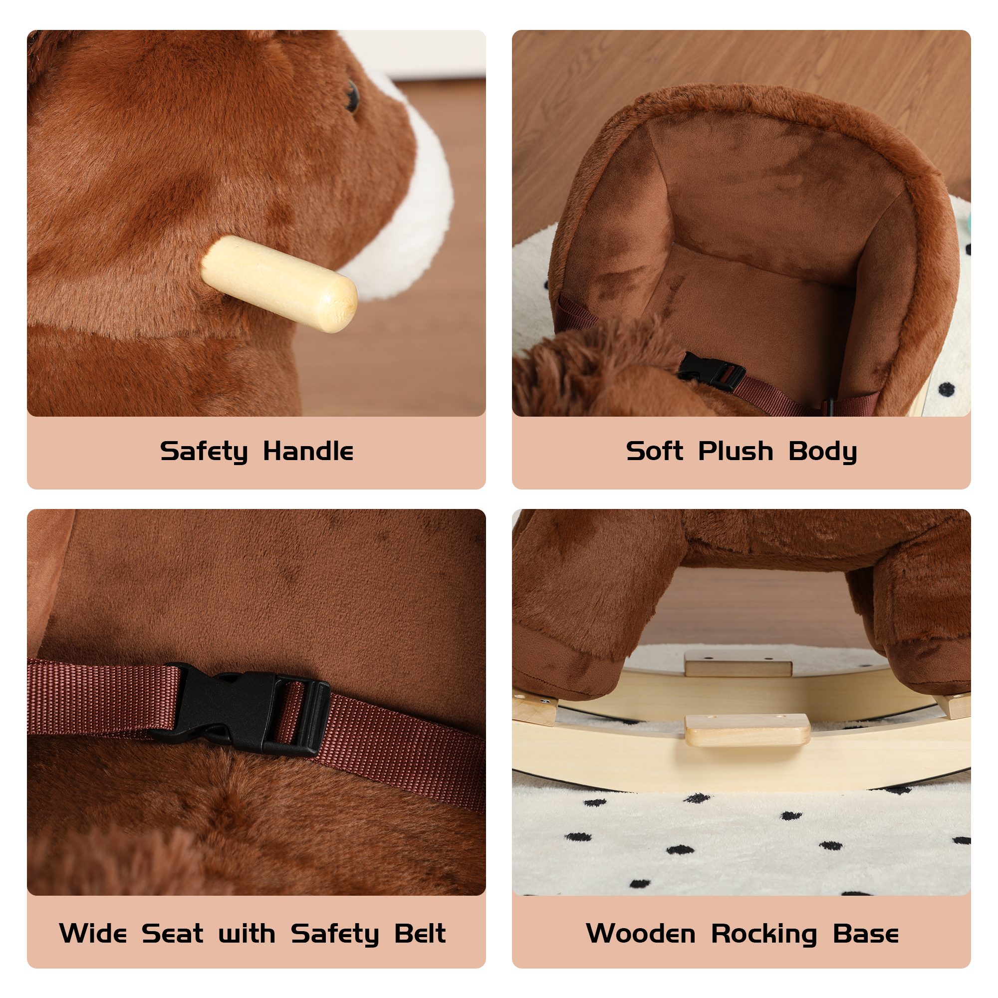Kids Ride-On Rocking Horse Toy With Horse Sounds, Horse Rocking Toy With Hand Puppets And Safety Belt For Children 1-3 Years, Soft Plush Fabric, Brown, CPC Certified — image 2