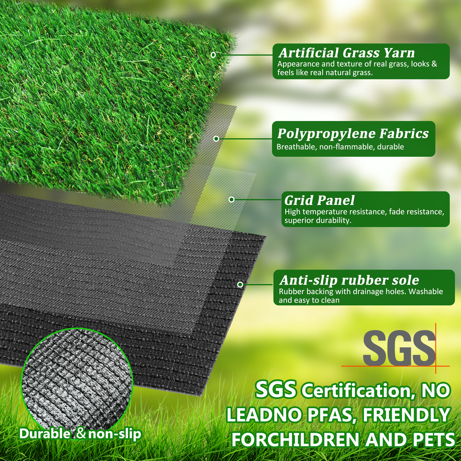 6.5FTX33FT Outdoor Artificial Grass Runner Rug, Thick Realistic Fake Grass Roll Decor Patio Balcony Garden Lawn, Dog Pets Turf Drain Mat, 1.38 Pile Height — imagen 5