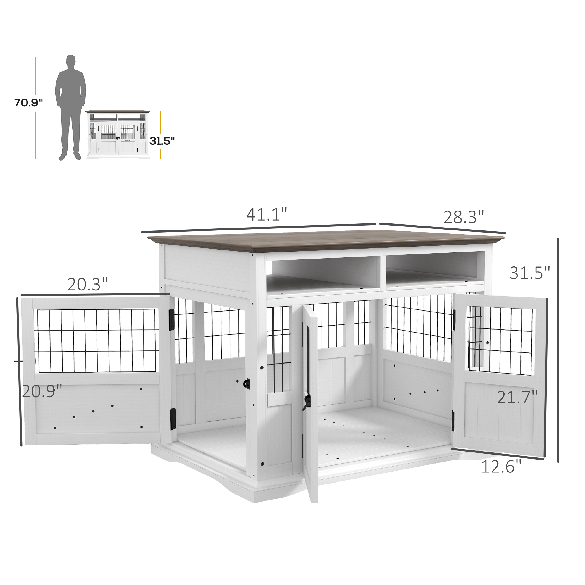 Mueble de Comida para Perros con Almacenamiento, Puertas Dobles y Acceso Lateral para Canes Pequeños y Medianos, Blanco — imagen 7