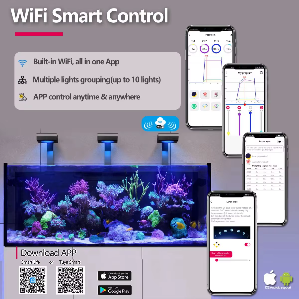 PopBloom RL90 WiFi Luz de Acuario Marino con Wi-Fi 100W, Led Completo para Acuarios de Arrecife y Corales Profesionales para Tanques de Peces LPS/SPS — imagen 2