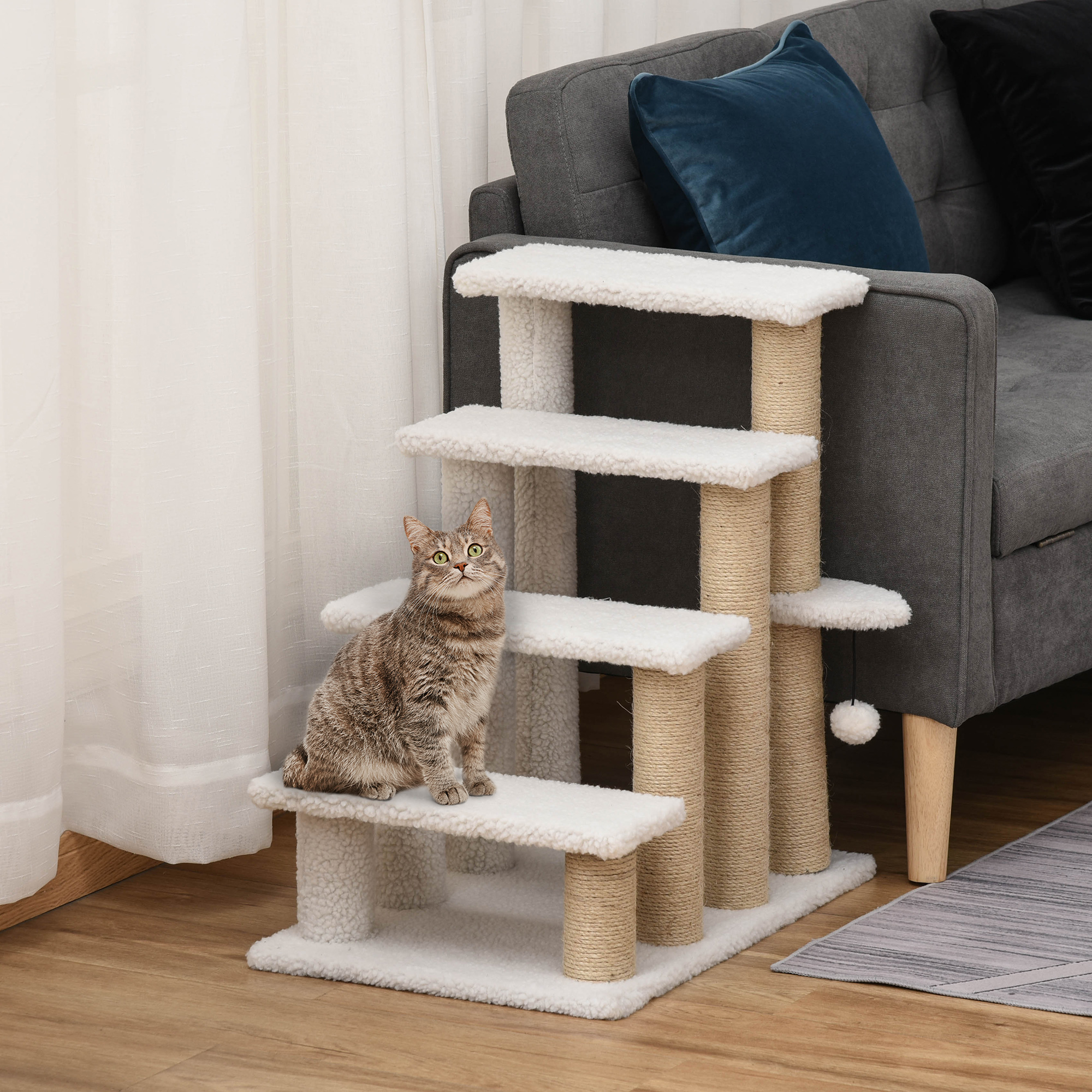 Escalones para Gatos de 4 Niveles con Postes Rascadores para Cama Alta, Sofá, Blanco — imagen 1