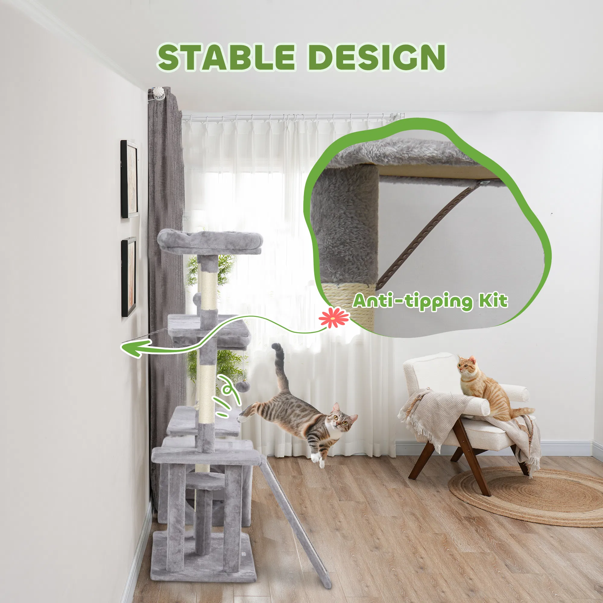 53" Cat Tree, Cat Tower with Scratching Posts, Cat Condo, Beds, Platforms, Toy Balls for Indoor Cats, Light Grey — image 2
