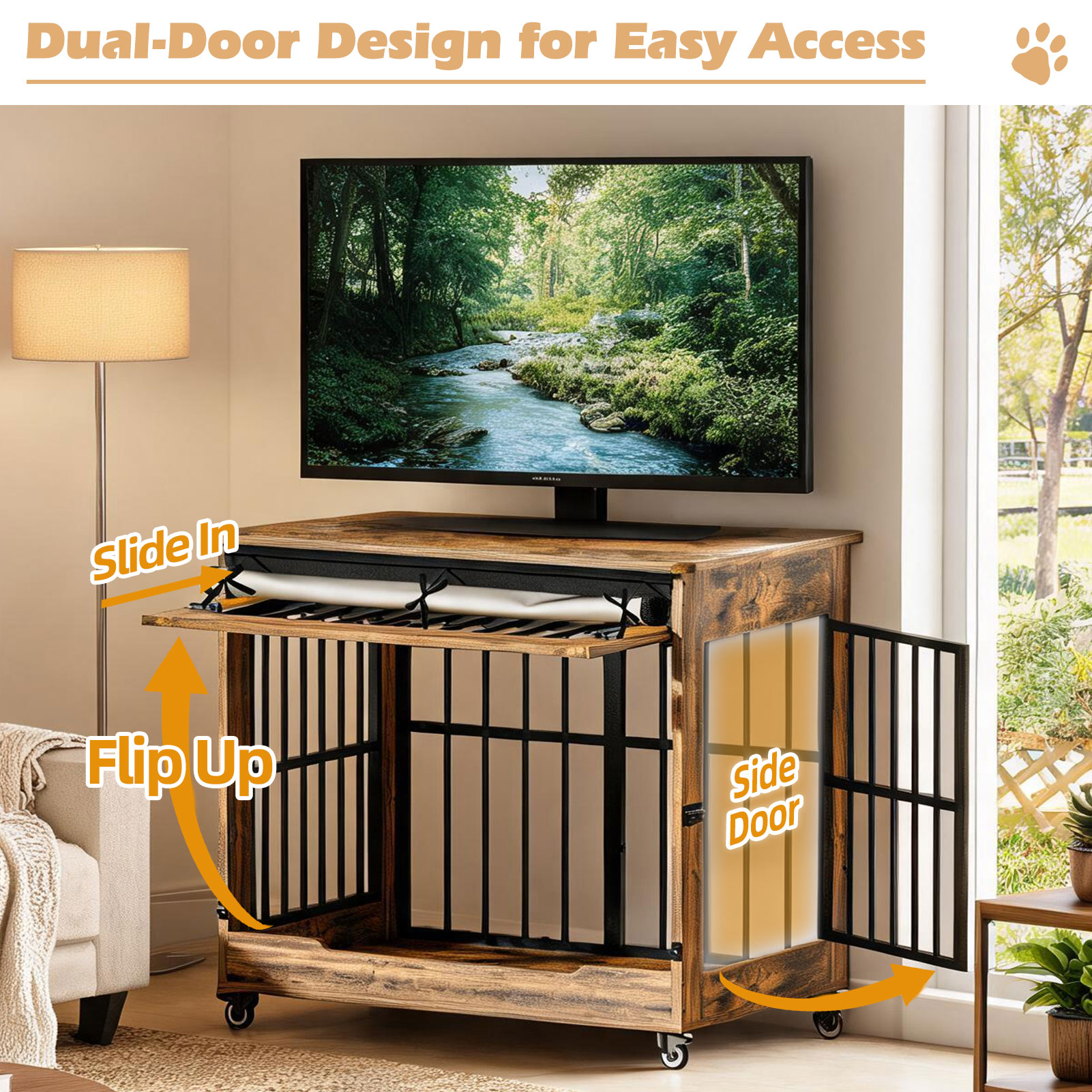 Large Dog Crate Furniture, Double Door Wooden Indoor Dog Kennel Furniture, Decorative Pet Cage End Table With Wheels For Large Breed Dogs, Size XL, Greige — image 8