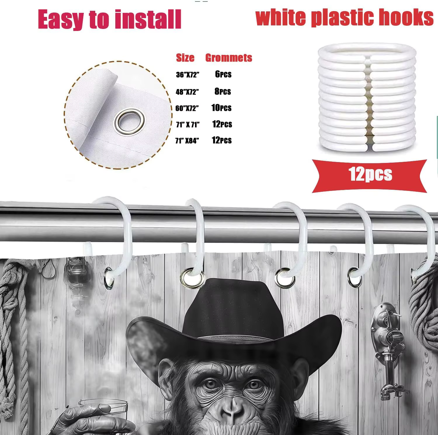 Funny Monkey Shower Curtain Black White Fun Western Cowboy Gorilla Bathtub Farmhouse Rustic Cool Animal Funky Chimpanzee — image 6