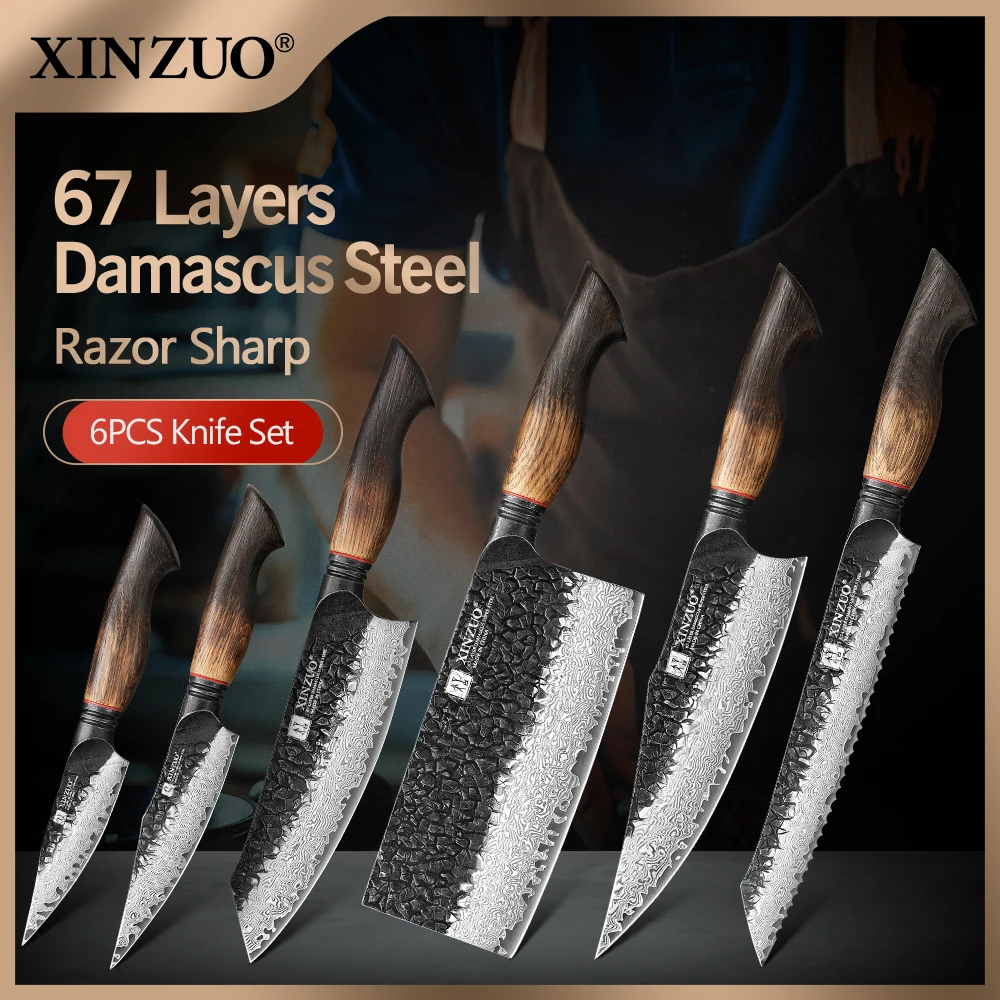 XINZUO 1-6-Piece Damascus Knife Set 67-Layer Steel White Oak Red G10 Handles Paring Utility Cleaver Santoku Bread Knife — image 1