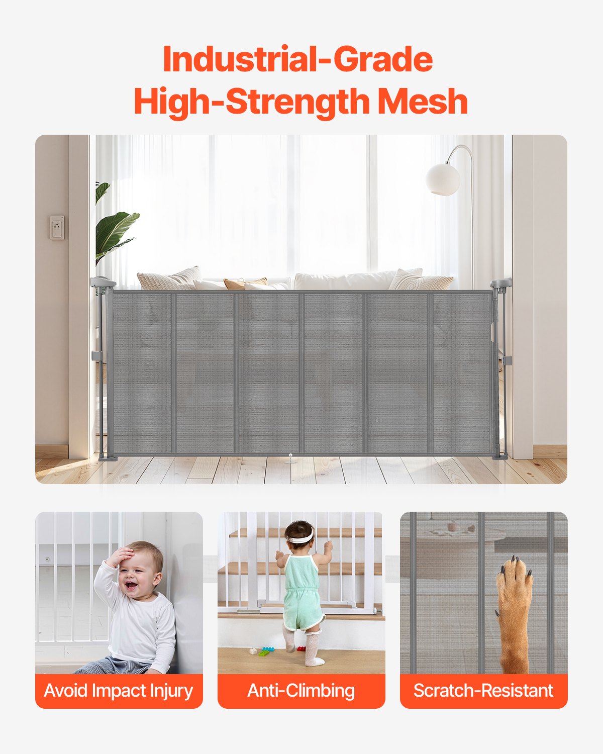 Puerta de Cuna Retráctil, 34 Pulgadas de Alto, Se Extiende Hasta 71 Pulgadas de Ancho, Puerta Retráctil para Niños o Mascotas, Material de Malla, Fácil de Instalar para Escaleras, Ventanas, Pasillos, Habitaciones de Juego, Gris — imagen 3