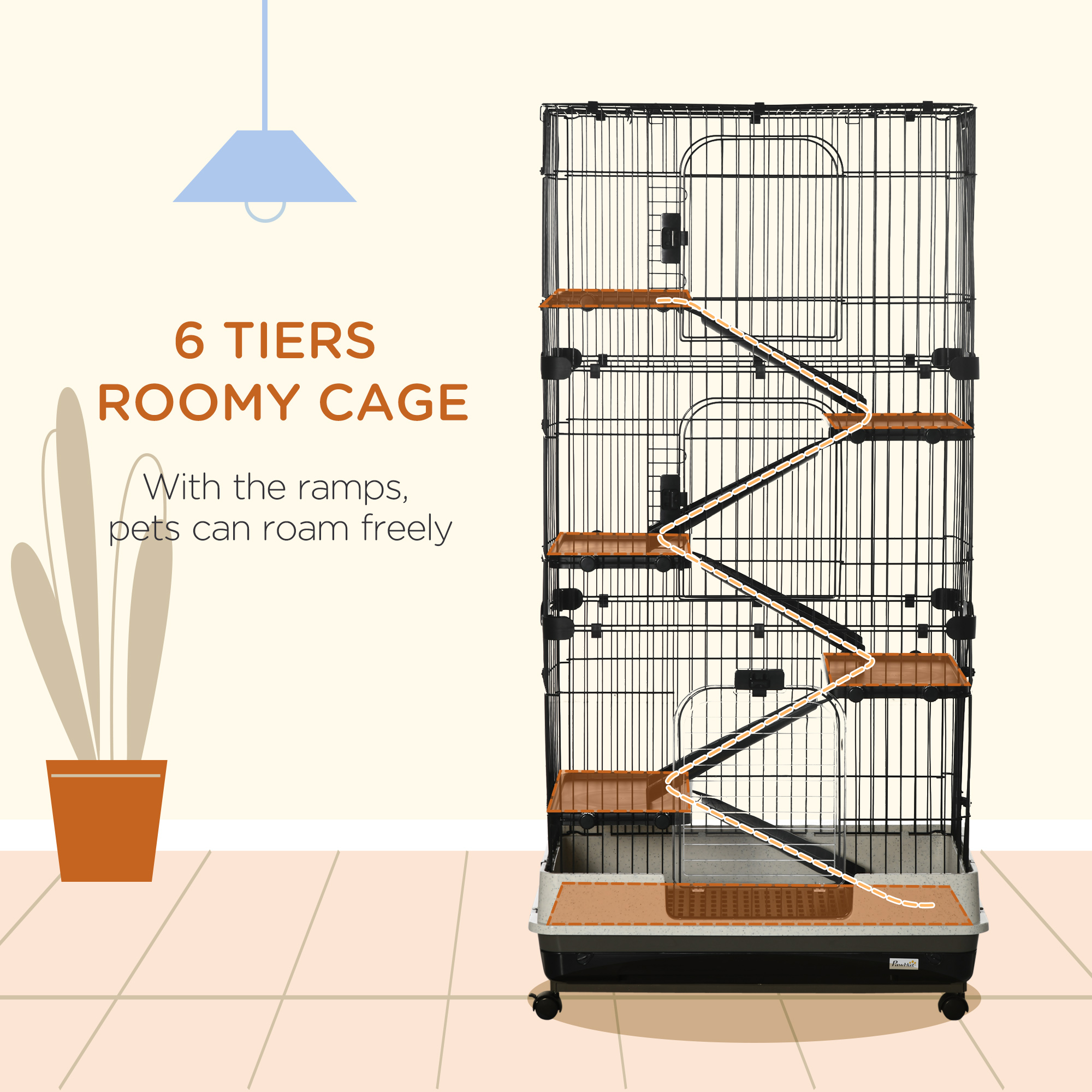 L 6-Level Small Animal Cage Rabbit Hutch with Universal Lockable Wheels, Slide-out Tray for Bunny, Chinchillas, Ferret, Black — imagen 5