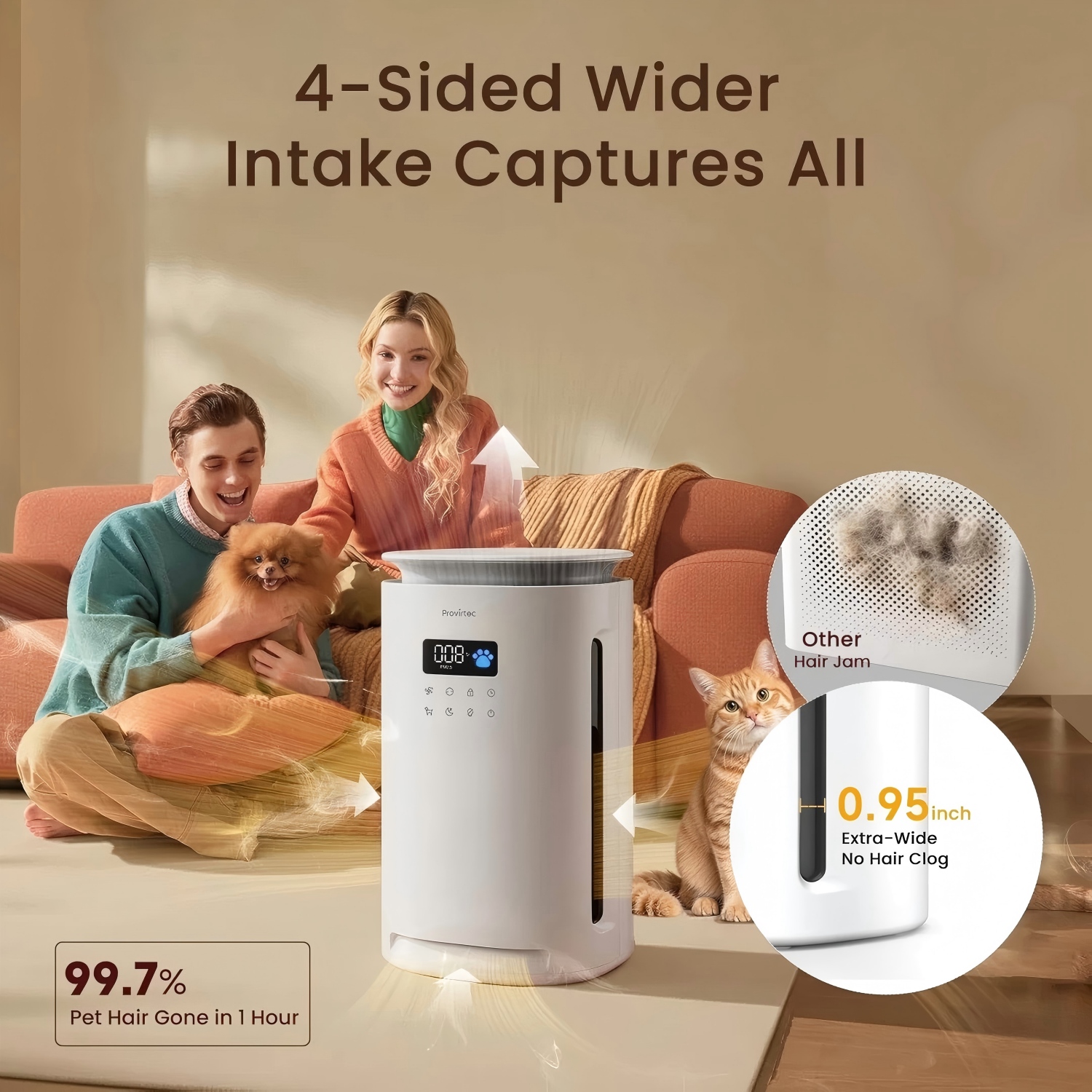 Provirtec Purificador de Aire para Mascotas para Hogares con 4 Filtros Lavables H13 HEPA para Hogares de Mascotas 2 Año Filtro 1800 m2 Probado Reducción de Pelos y Olor de Mascotas PM2.5 Automático y 23 dB Sueño — imagen 3