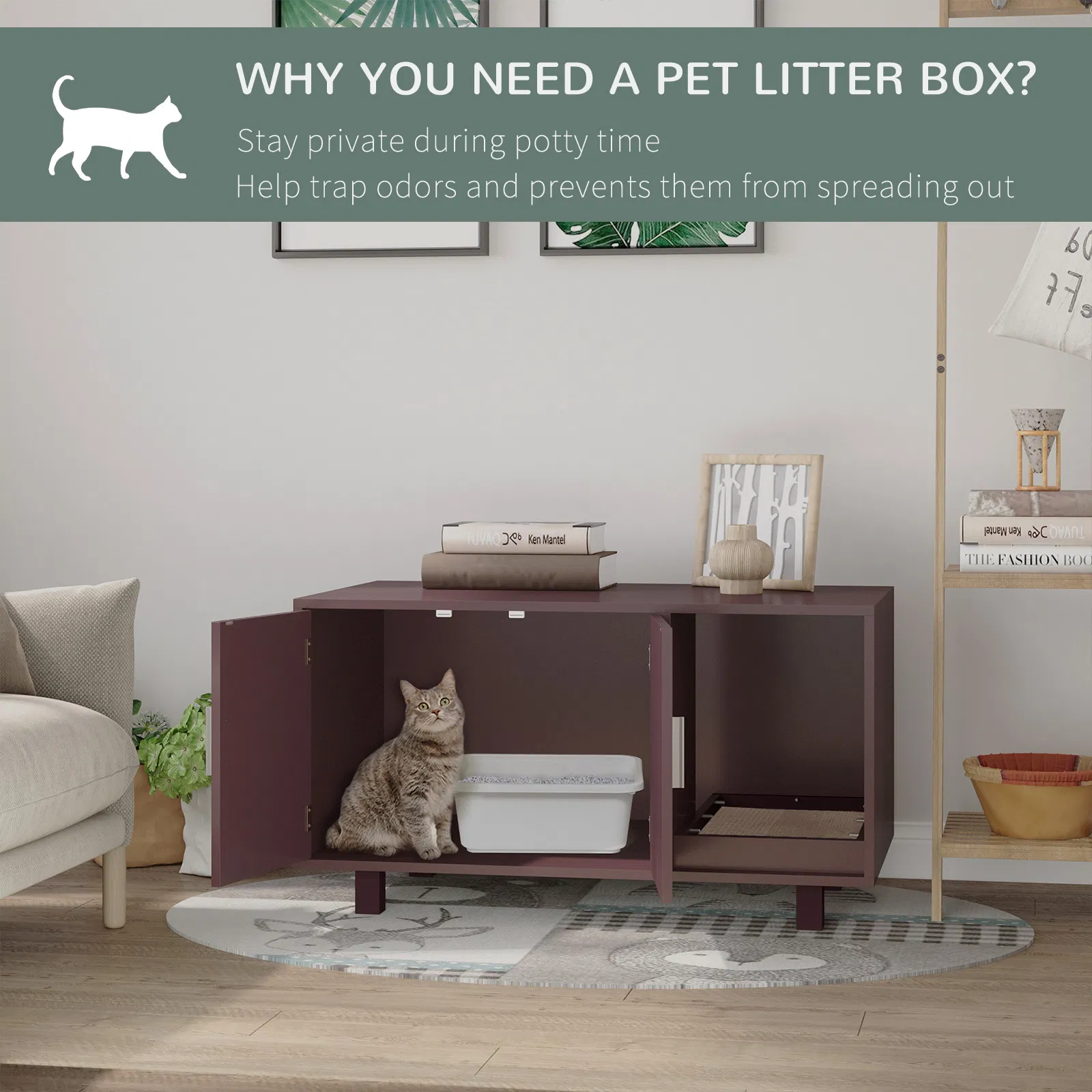 Cat Litter Box Enclosure, Hidden Litter Box Furniture, Cat House End Table Washroom with Scratching Pad, for Indoor Cats Kittens, Brown — image 5