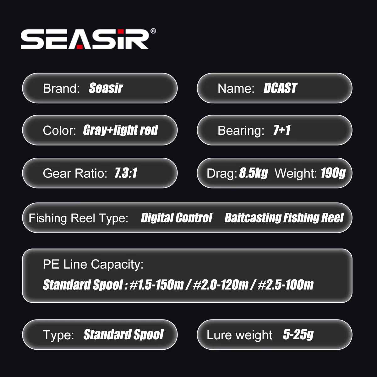 SEASIR DCAST DC Baitcasting Fishing Reel Digital Control Long Cast Carbon Washers Brass Gears 7.3:1 7+1BB Max Drag 8.5kg — image 2