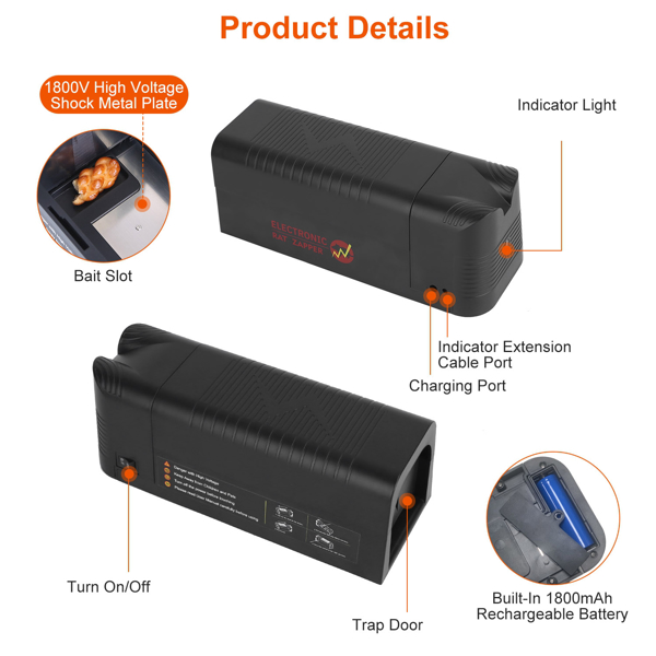 Trampa de Ratas de Alta Tensión 1800V - Espacio Interior Amplio para Todos los Roedores, Entrada de Solo Ida, Recargable y Multifuncional para Escenarios Interiores, Fácil de Usar en Indoors y Outdoors para Ratones — imagen 5