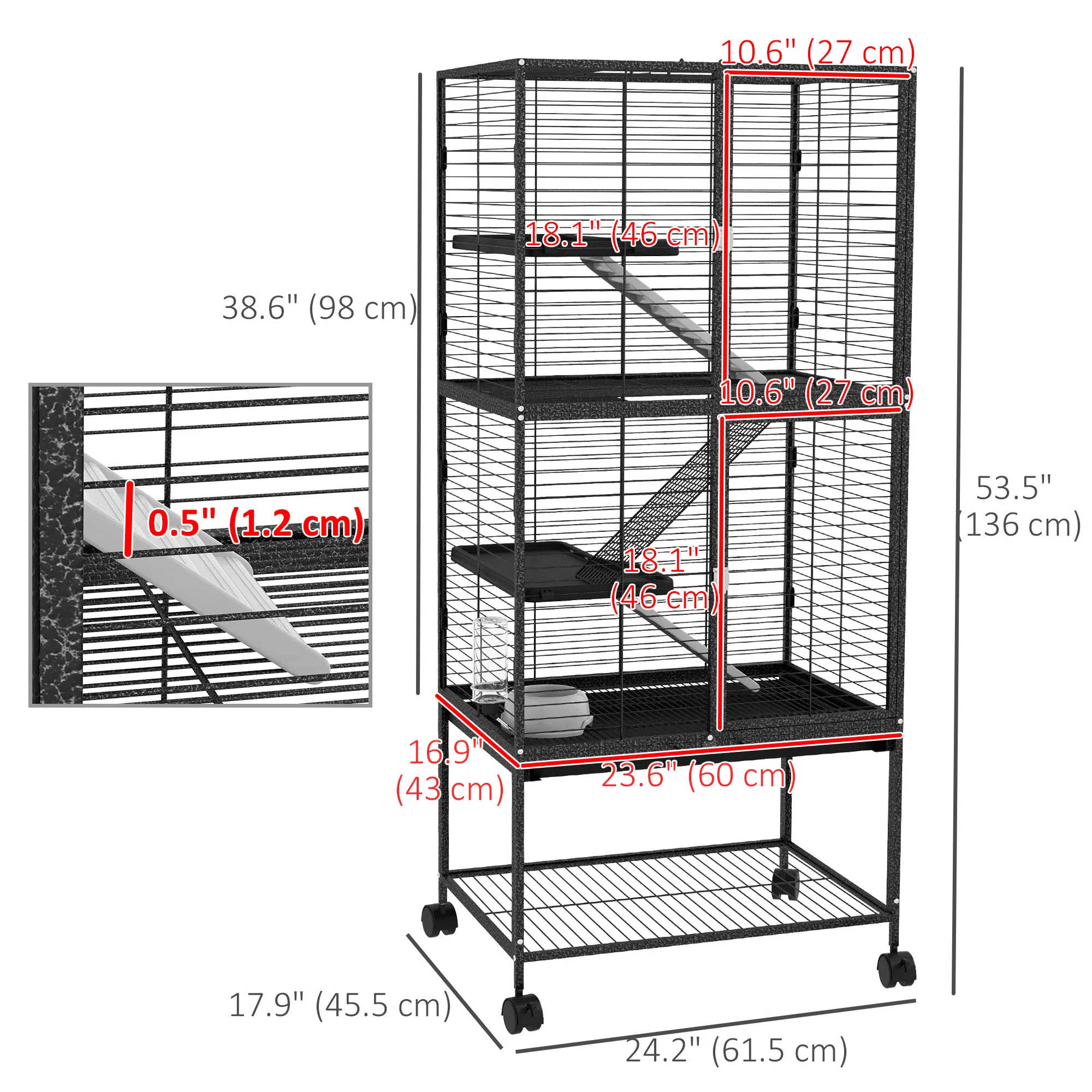Rolling Small Animal Cage 53.5"H Chinchilla Cage for Ferrets, Squirrels w/ Removable Tray, Storage Shelf, Dark Grey — image 2
