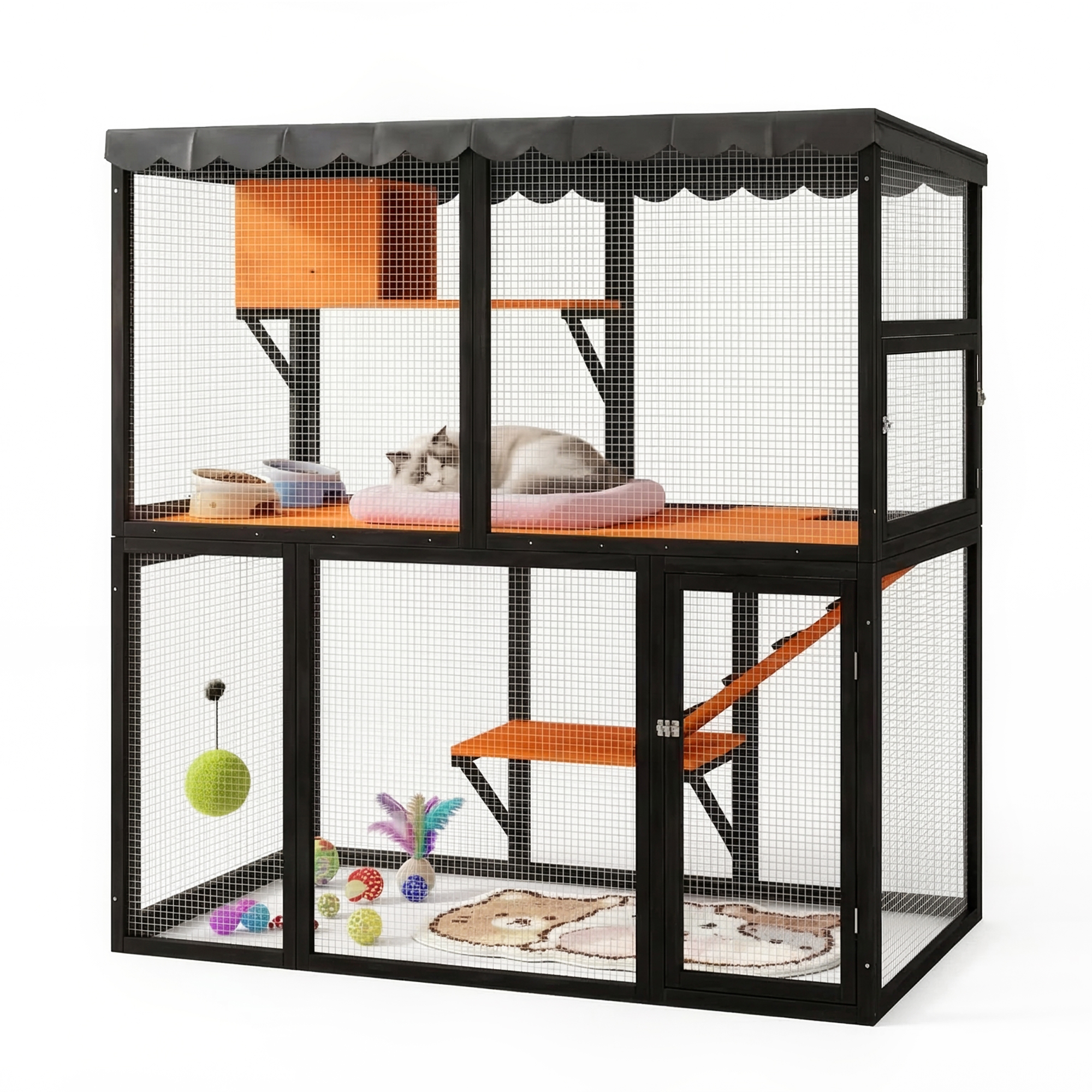 Catio de Madera para Gatos al Aire Libre - Casa Grande para Varios Gatos con Acceso Interior y Cubierta Impermeable 4 Niveles — imagen 4