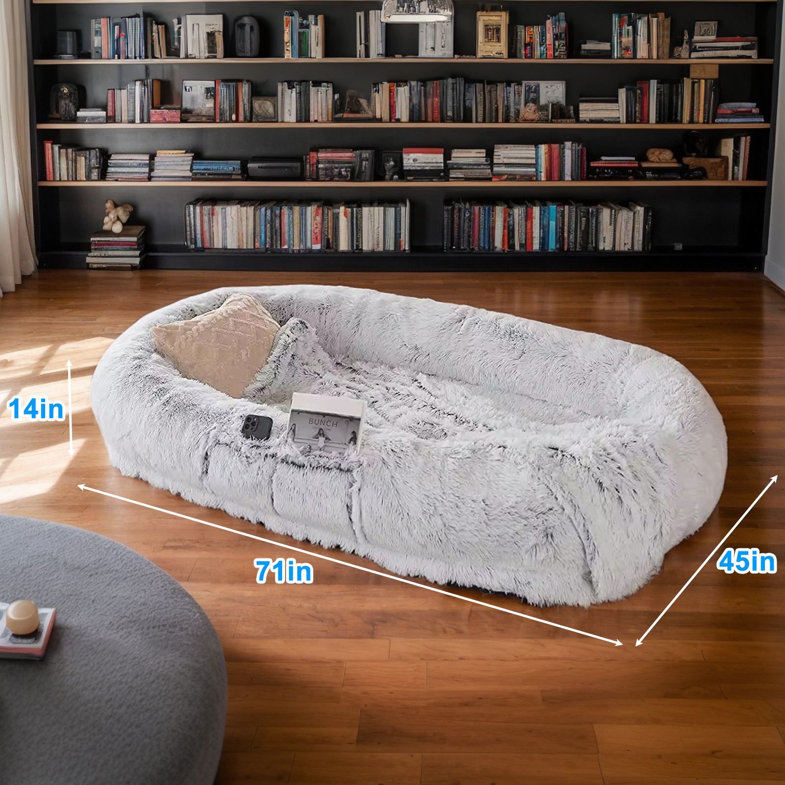 Cama para Humanos y Mascotas, Felpa Sintética Lavable para Descansar Juntos, Colchón Ortopédico de 71''x45''x14'', Perfecto para Tú y Tu Compañero (Gris) - Cobijas y Almohadas NO INCLUIDAS — imagen 7