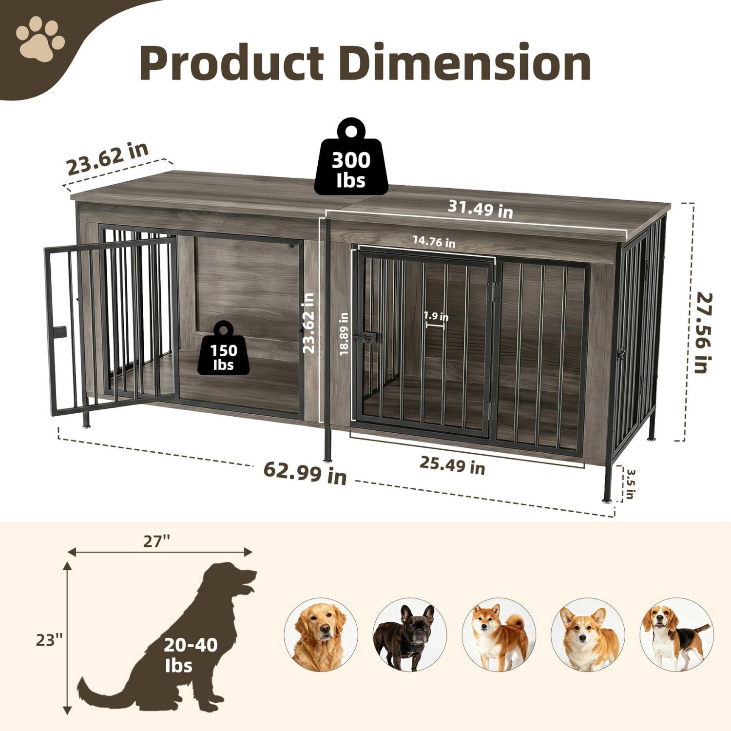 Double Dog Crate Furniture With Divider, Heavy Duty Pet Kennel End Table TV Stand, Extra Large Double Door — image 4