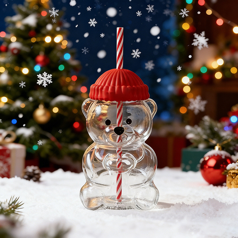 Taza de vidrio en forma de oso de peluche animado para Navidad - Taza con paja grande capacidad — imagen 5