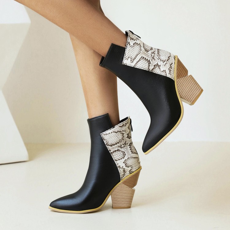 40-48 Coffee Rain Women's Boots Snake Print Colorblock High Heel Ladies Short Boots — image 4