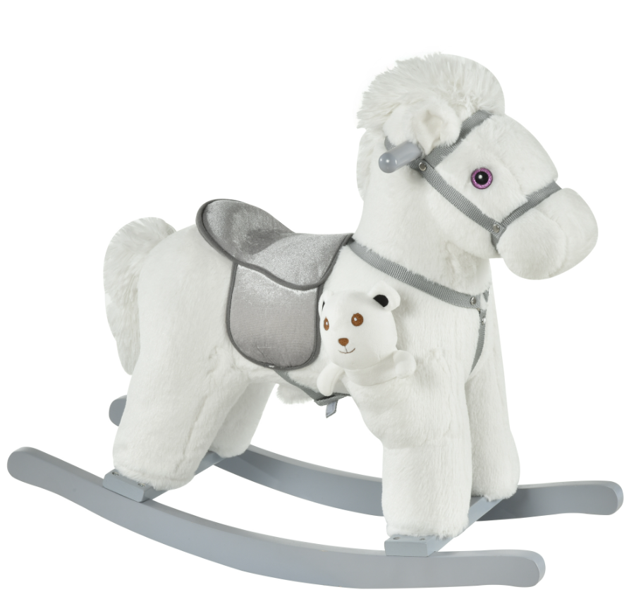 White Plush Rocking Horse With Bear Toy For Kids, Soft Sound Rocker, Ideal For Nursery Playtime — image 6