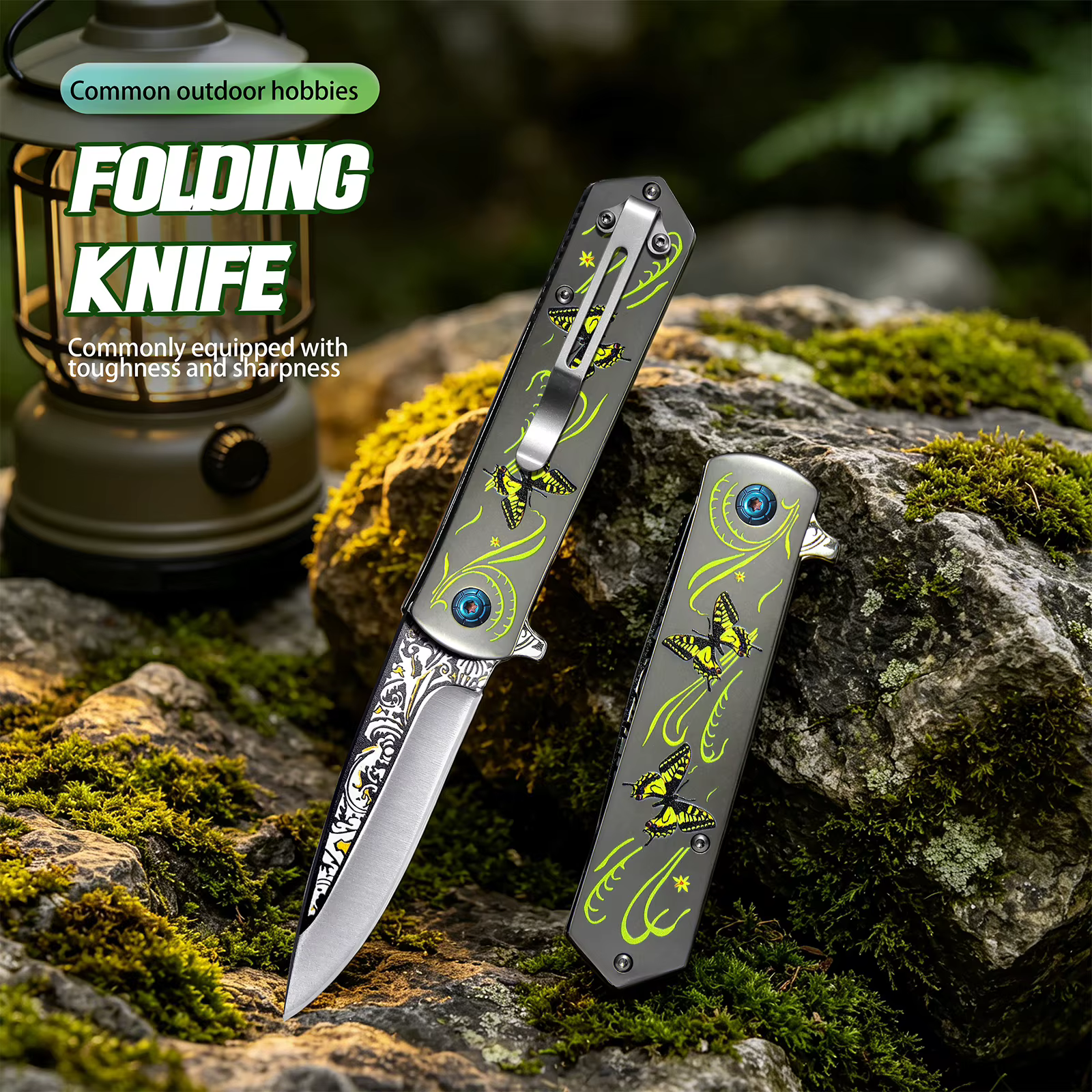 This DOGKA Folding Pocket Knife Features a Unique Butterfly Pattern Handle, Decorative Blade Detail, and Compact Folding Design. It Combines a Stylish Look with Practical Outdoor Utility, Making It Suitable for Camping, Hiking, Fishing, Travel — image 6